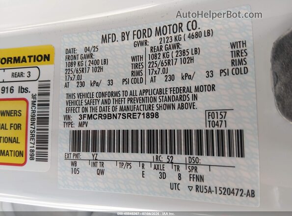3FMCR9BN7SRE71898 2025 FORD BRONCO SPORT White Շարժիչի բաժամունքի տեսք