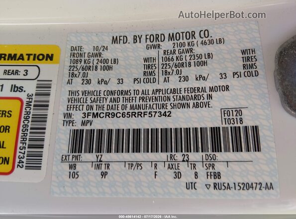 3FMCR9C65RRF57342 2024 FORD BRONCO SPORT White ძრავის განყოფილების ხედი