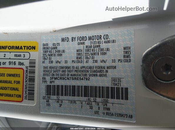 3FMCR9CN7SRE54792 2025 FORD BRONCO SPORT White Widok komory silnika