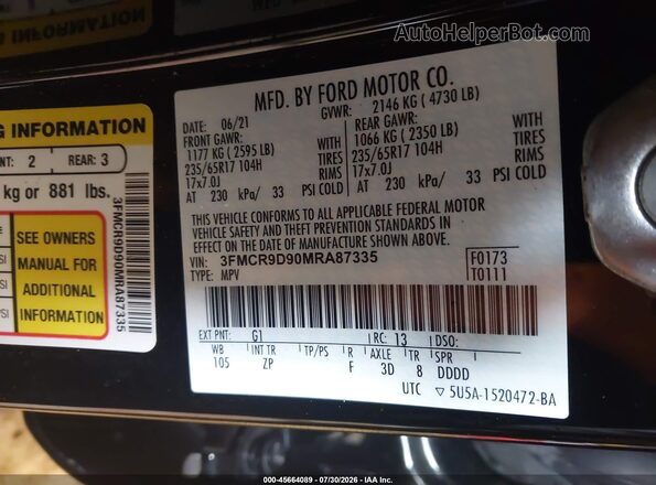 3FMCR9D90MRA87335 2021 FORD BRONCO SPORT Black Вид підкапотного простору