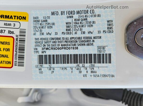 3FMCR9D90PRD01938 2023 FORD BRONCO White Widok naklejki z numerem VIN