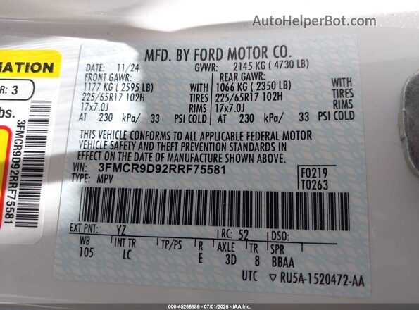 3FMCR9D92RRF75581 2024 FORD BRONCO SPORT Белый Вид подкапотного пространства