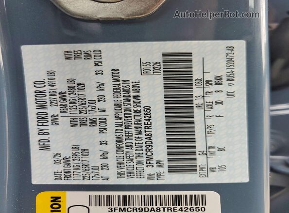 3FMCR9DA8TRE42650 2026 FORD BRONCO Синий Панорамный вид салона 360°