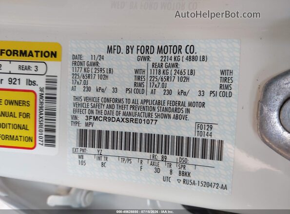 3FMCR9DAXSRE01077 2025 FORD BRONCO SPORT White Vista del compartimento del motor