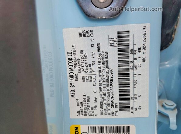 3FMCR9G63PRE20987 2023 FORD BRONCO Blue VIN კოდის სტიკერის ხედი