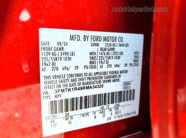 3FMTK1R49RMA34320 2024 FORD MUSTANG Red Widok naklejki z numerem VIN