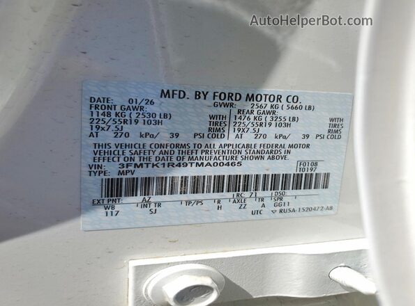 3FMTK1R49TMA00465 2026 FORD MUSTANG White VIN კოდის სტიკერის ხედი