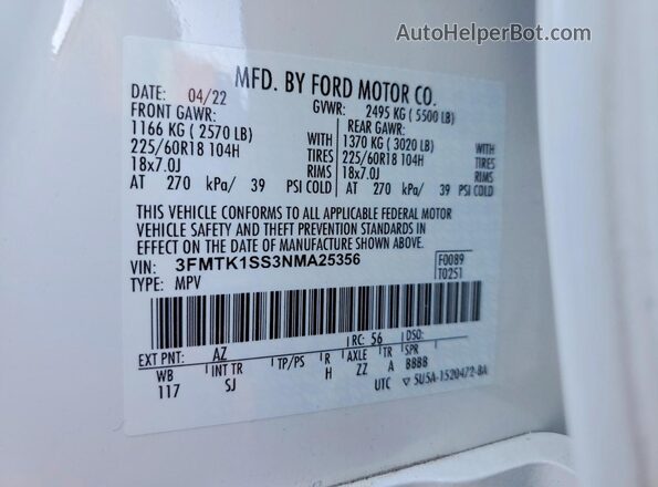 3FMTK1SS3NMA25356 2022 FORD MUSTANG White VIN კოდის სტიკერის ხედი