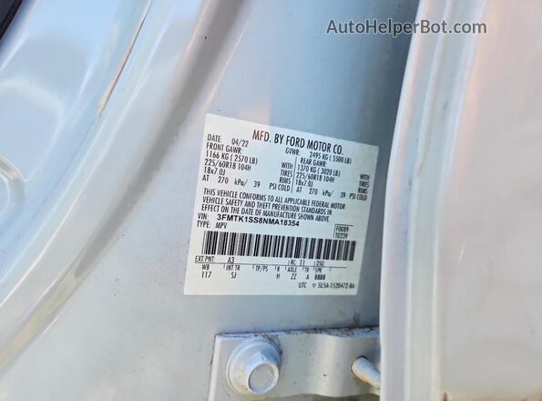 3FMTK1SS8NMA18354 2022 FORD MUSTANG White VIN կոդի պիտակի տեսք