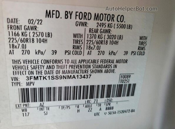 3FMTK1SS9NMA13437 2022 FORD MUSTANG White VIN კოდის სტიკერის ხედი