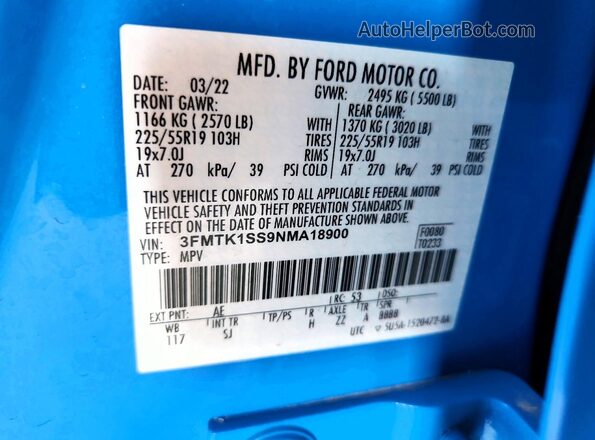 3FMTK1SS9NMA18900 2022 FORD MUSTANG Blue VIN կոդի պիտակի տեսք