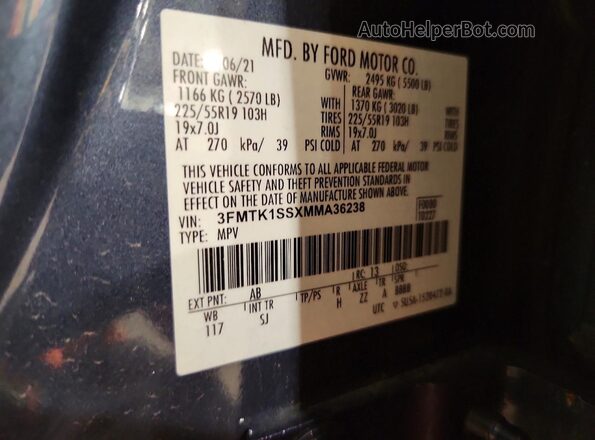 3FMTK1SSXMMA36238 2021 FORD MUSTANG Blue Widok naklejki z numerem VIN