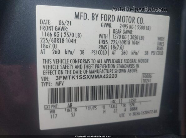 3FMTK1SSXMMA42220 2021 FORD MUSTANG MACH-E Blue Widok komory silnika