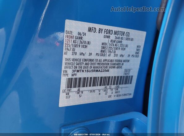 3FMTK1SU5RMA22546 2024 FORD MUSTANG MACH-E Blue Engine compartment view