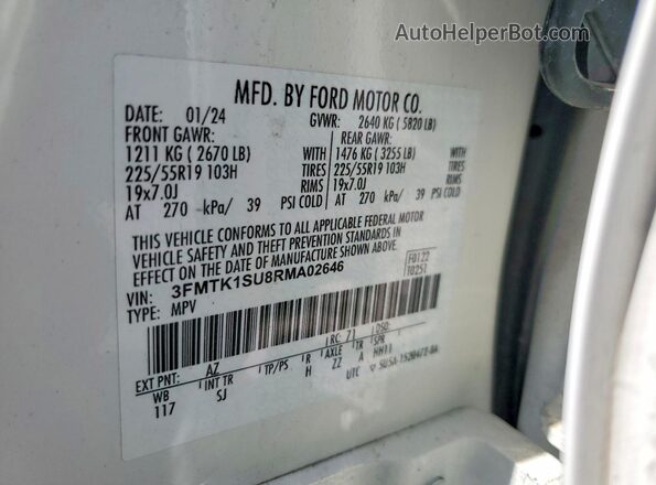 3FMTK1SU8RMA02646 2024 FORD MUSTANG White VIN კოდის სტიკერის ხედი