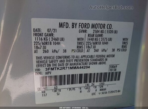 3FMTK2R71MMA44204 2021 FORD MUSTANG MACH-E Silver Вид підкапотного простору