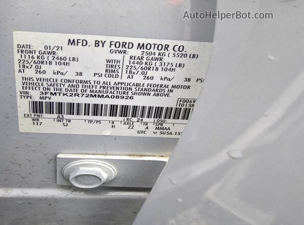 3FMTK2R72MMA08926 2021 FORD MUSTANG Gray Vista de la etiqueta del VIN