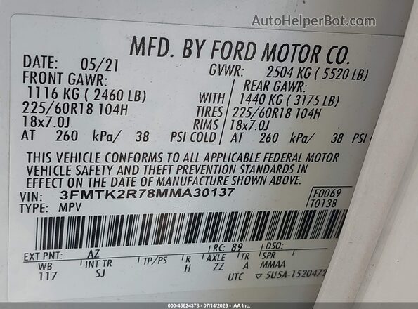 3FMTK2R78MMA30137 2021 FORD MUSTANG MACH-E Белый Вид подкапотного пространства
