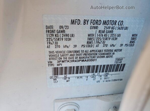 3FMTK3R43PMA85501 2023 FORD MUSTANG White Widok wnętrza 360 stopni