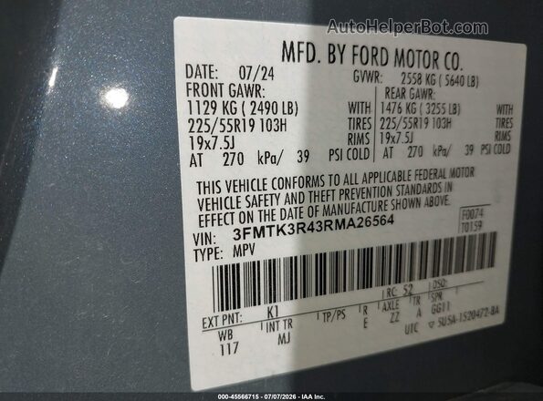 3FMTK3R43RMA26564 2024 FORD MUSTANG MACH-E Light Blue Engine compartment view
