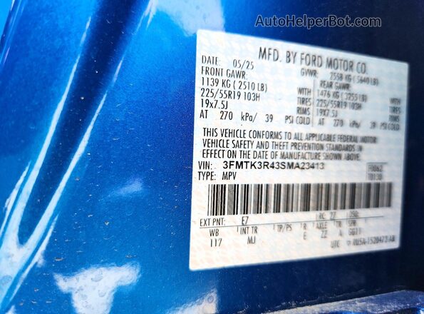 3FMTK3R43SMA23413 2025 FORD MUSTANG Blue Панорамний вид салону 360°