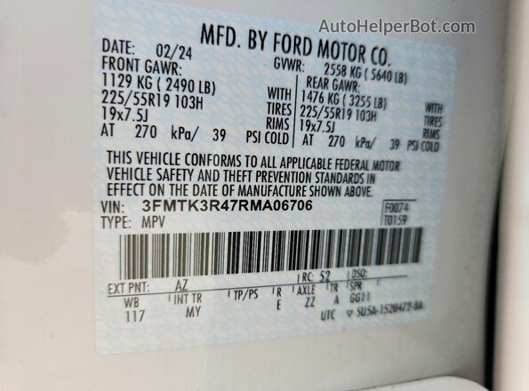 3FMTK3R47RMA06706 2024 FORD MUSTANG White VIN კოდის სტიკერის ხედი