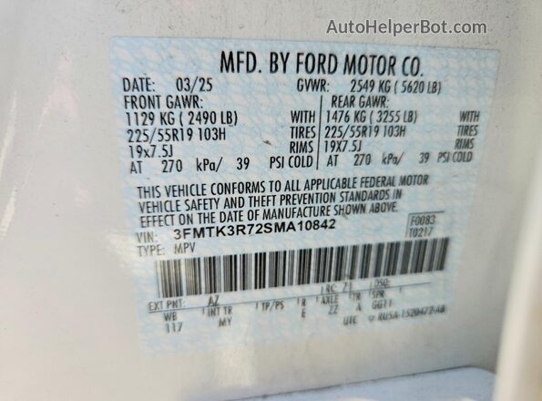3FMTK3R72SMA10842 2025 FORD MUSTANG White VIN კოდის სტიკერის ხედი