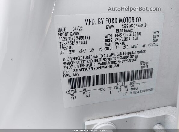 3FMTK3R73NMA19585 2022 FORD MUSTANG MACH-E White Engine compartment view