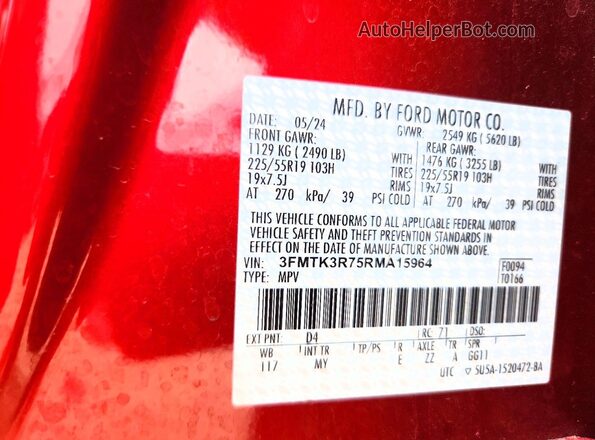 3FMTK3R75RMA15964 2024 FORD MUSTANG Red Вид наклейки з VIN-кодом