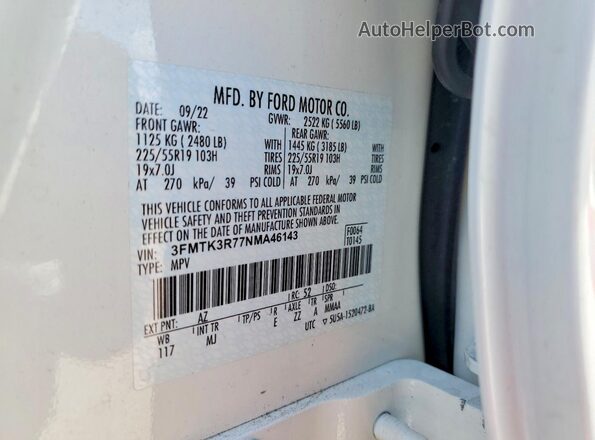 3FMTK3R77NMA46143 2022 FORD MUSTANG White Սալոնի 360 աստիճան տեսք