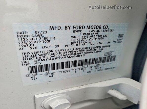 3FMTK3R77PMA64015 2023 FORD MUSTANG White VIN კოდის სტიკერის ხედი