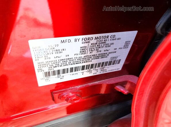 3FMTK3R78NMA28833 2022 FORD MUSTANG Maroon ძრავის განყოფილების ხედი