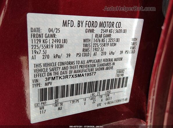 3FMTK3R7XSMA19577 2025 FORD MUSTANG MACH-E Burgundy Vista del compartimento del motor
