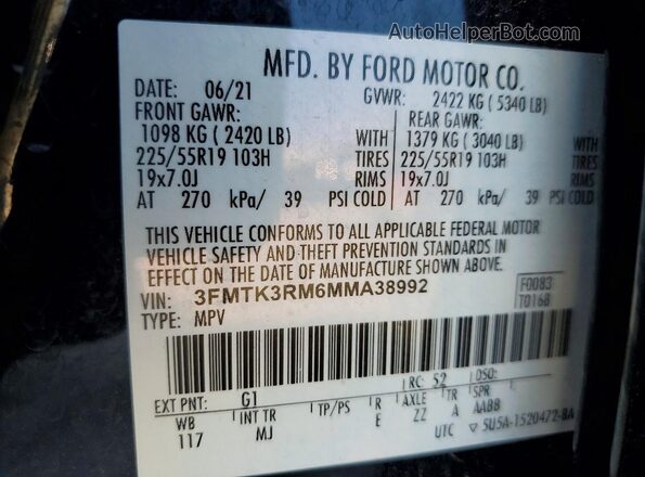 3FMTK3RM6MMA38992 2021 FORD MUSTANG Black Vista de la etiqueta del VIN