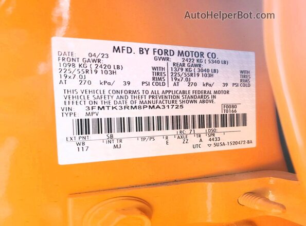 3FMTK3RM8PMA31725 2023 FORD MUSTANG Yellow Vista de la etiqueta del VIN