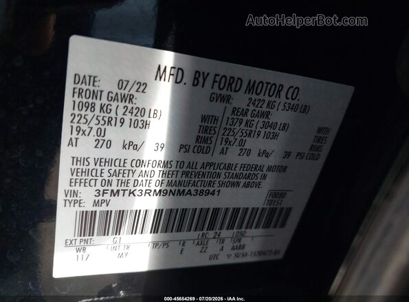 3FMTK3RM9NMA38941 2022 FORD MUSTANG MACH-E Black Вид підкапотного простору
