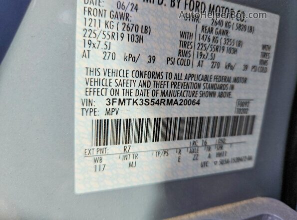 3FMTK3S54RMA20064 2024 FORD MUSTANG Gray Widok naklejki z numerem VIN