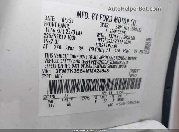 3FMTK3SS4MMA24548 2021 FORD MUSTANG MACH-E White Engine compartment view