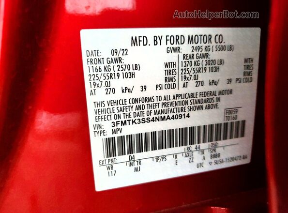 3FMTK3SS4NMA40914 2022 FORD MUSTANG Red Widok wnętrza 360 stopni