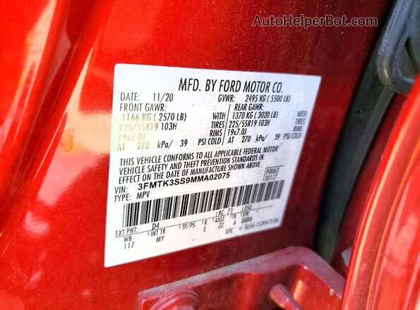3FMTK3SS9MMA02075 2021 FORD MUSTANG Red VIN კოდის სტიკერის ხედი