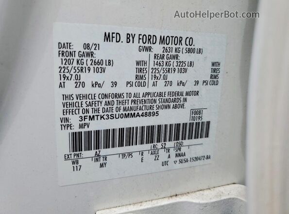 3FMTK3SU0MMA48895 2021 FORD MUSTANG White Շարժիչի բաժամունքի տեսք