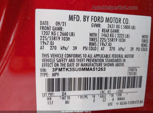 3FMTK3SU0MMA51263 2021 FORD MUSTANG MACH-E Red Вид підкапотного простору