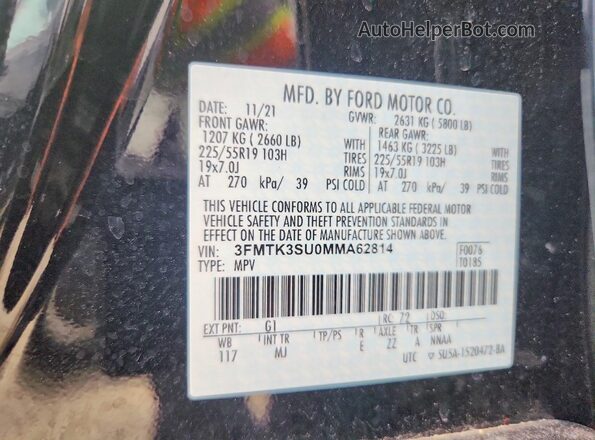 3FMTK3SU0MMA62814 2021 FORD MUSTANG Black Widok naklejki z numerem VIN