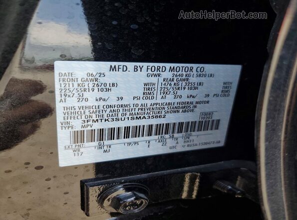 3FMTK3SU1SMA35862 2025 FORD MUSTANG Black VIN կոդի պիտակի տեսք