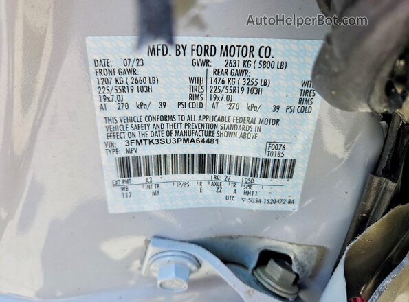 3FMTK3SU3PMA64481 2023 FORD MUSTANG White VIN კოდის სტიკერის ხედი