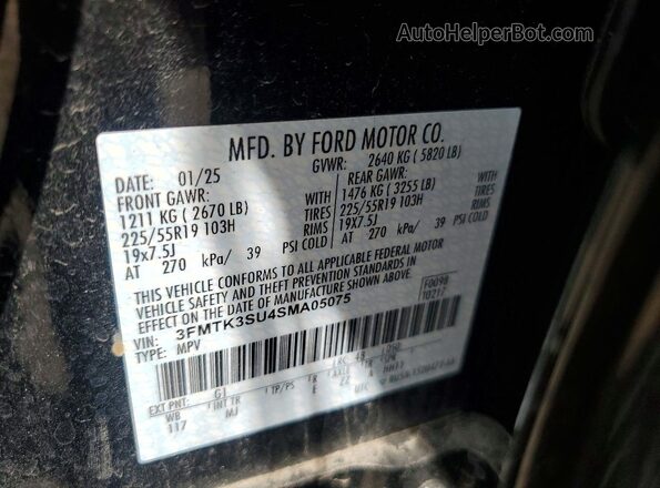 3FMTK3SU4SMA05075 2025 FORD MUSTANG Black Vista de la etiqueta del VIN