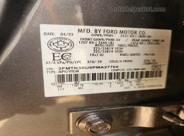 3FMTK3SU5PMA27769 2023 FORD MUSTANG Gray VIN კოდის სტიკერის ხედი