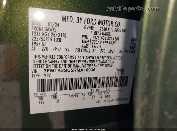 3FMTK3SU5RMA16936 2024 FORD MUSTANG MACH-E Green Engine compartment view