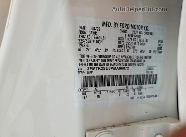 3FMTK3SU6PMA66872 2023 FORD MUSTANG White Вид наклейки з VIN-кодом