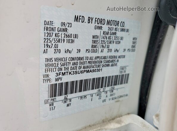 3FMTK3SU6PMA90301 2023 FORD MUSTANG White VIN sticker view